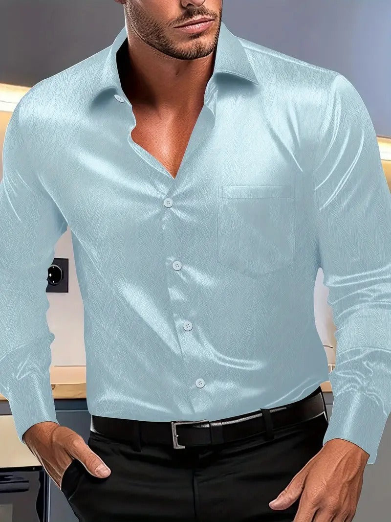 Men’s Button-Up Shirt – Slim Fit – Silky Texture – Spread Collar – Chest Pocket – Long Sleeves