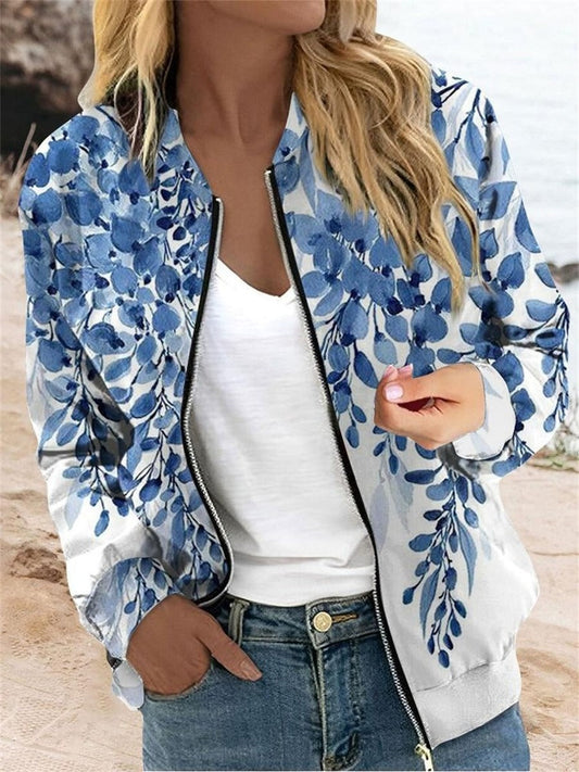 Women’s Bomber Jacket – Relaxed Fit – Satin Touch – Floral Print – Hip Length