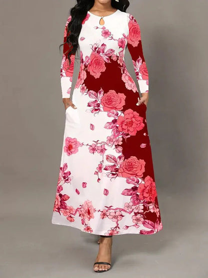 Women's Maxi Dress - A-Line Fit - Keyhole Neckline - Pockets