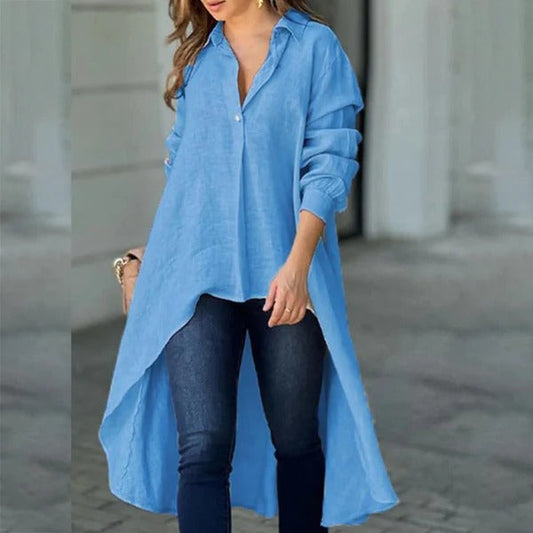 Women’s Blouse – Relaxed Fit – Cotton Blend – Long Sleeve – High-Low Hem – Collar Detail