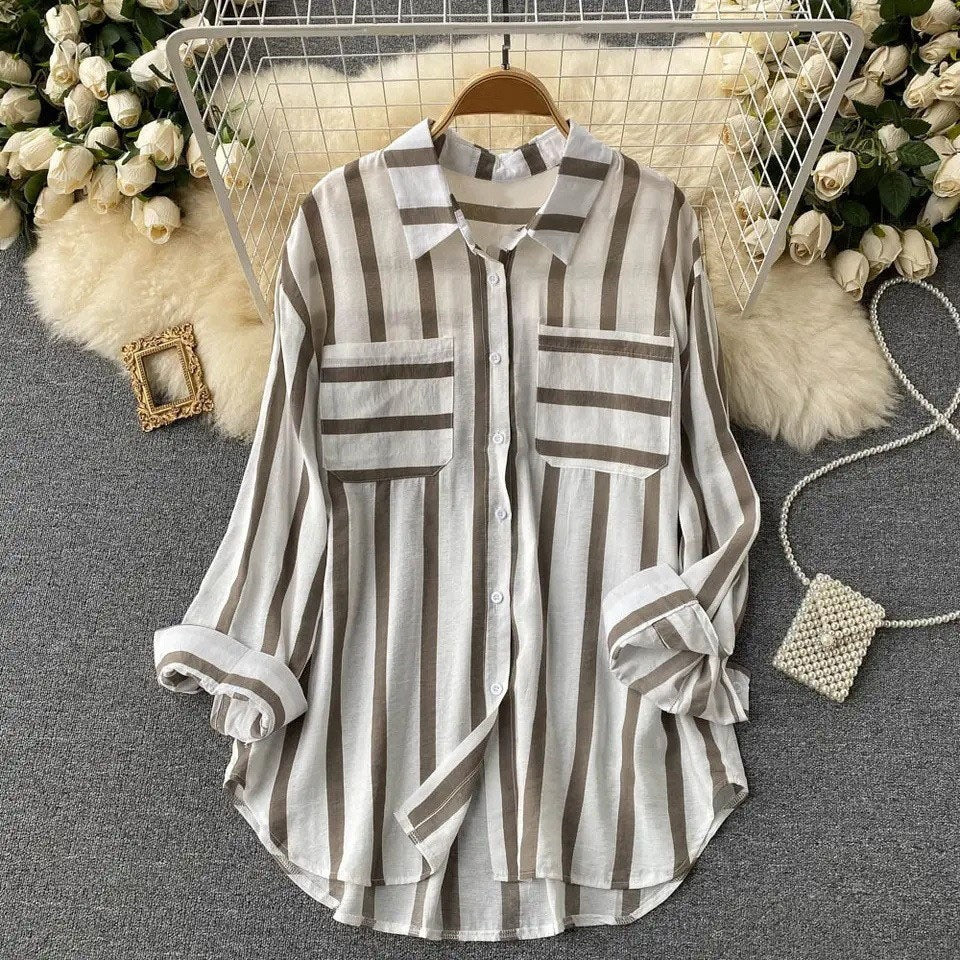 Women’s Shirt Jacket – Loose Fit – Cotton Blend – Button Down – Vertical Stripes