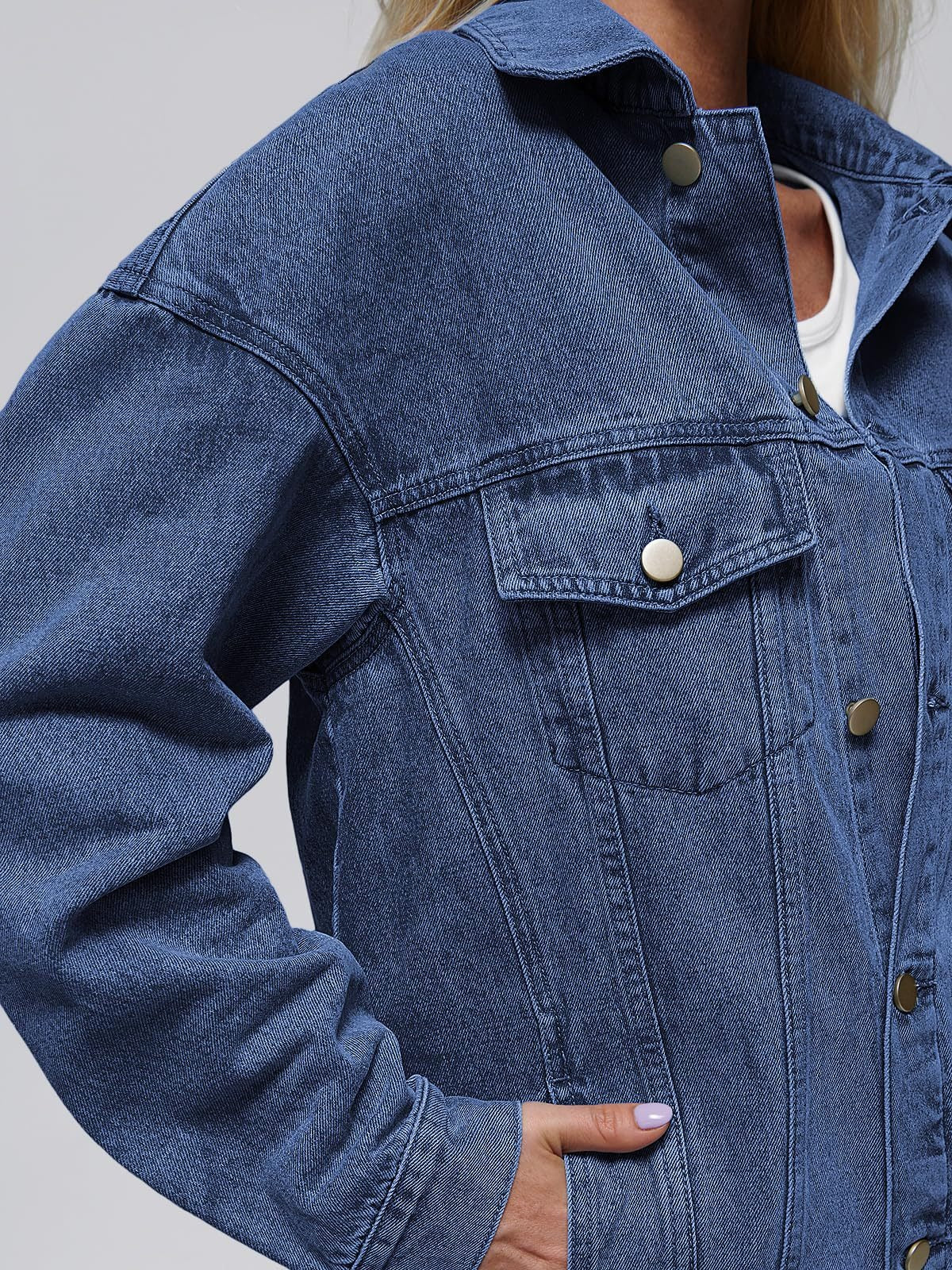 Women’s Denim Jacket – Oversized Fit – Button Front – Flap Pockets – Seam Detail