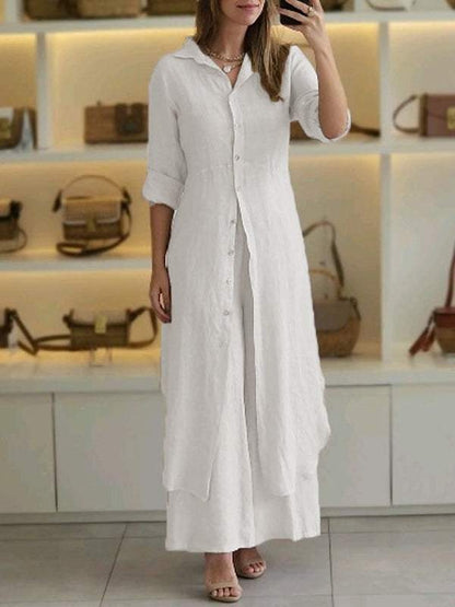 Women’s Two-Piece Set – Relaxed Fit Shirt – Wide-Leg Pants – Cotton Breathable Fabric