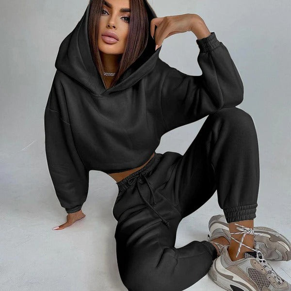 Women’s Loungewear Set – Relaxed Fit – Cropped Hoodie – Cotton Blend – Drawstring Pants