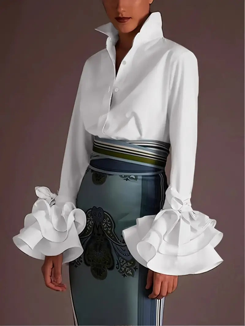 Women’s Blouse – Cotton Blend – Relaxed Fit – Ruffle Cuffs – Tie Sleeve – Button Down