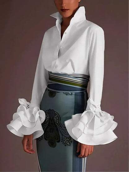 Women’s Blouse – Cotton Blend – Relaxed Fit – Ruffle Cuffs – Tie Sleeve – Button Down