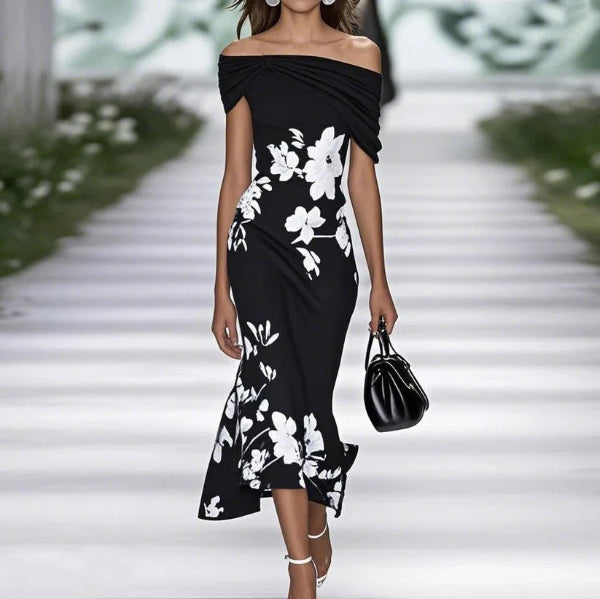 Women’s Midi Dress – Fitted Silhouette – Off Shoulder Draped Sleeves – Floral Print