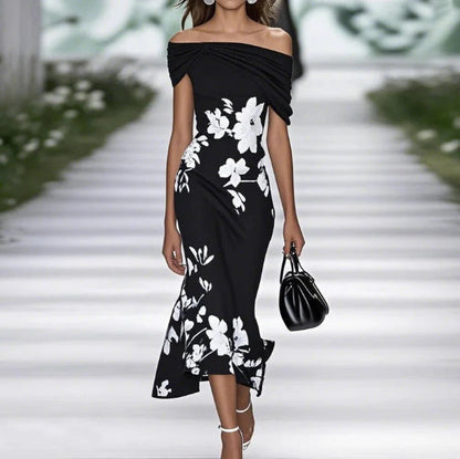 Women’s Midi Dress – Fitted Silhouette – Off Shoulder Draped Sleeves – Floral Print