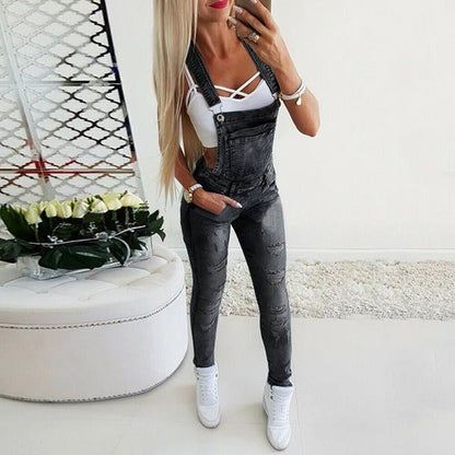 Women’s Denim Overalls – Slim Fit – Distressed Stretch – Adjustable Straps Casual Wear