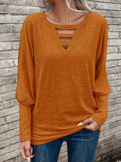 Women’s Long-Sleeve Top – Relaxed Fit – V-Neck with Cut-Out Detail