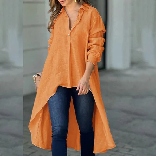 Women’s Blouse – Relaxed Fit – Cotton Blend – Long Sleeve – High-Low Hem – Collar Detail