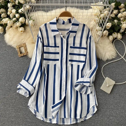 Women’s Shirt Jacket – Loose Fit – Cotton Blend – Button Down – Vertical Stripes
