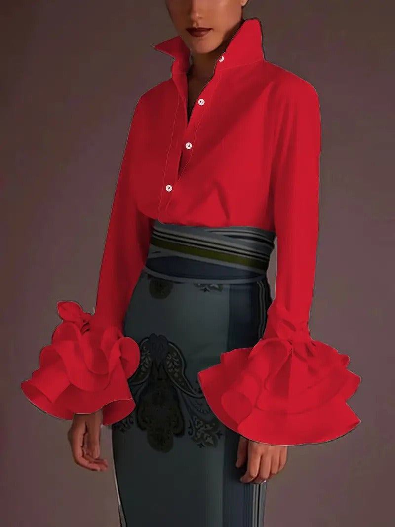 Women’s Blouse – Cotton Blend – Relaxed Fit – Ruffle Cuffs – Tie Sleeve – Button Down