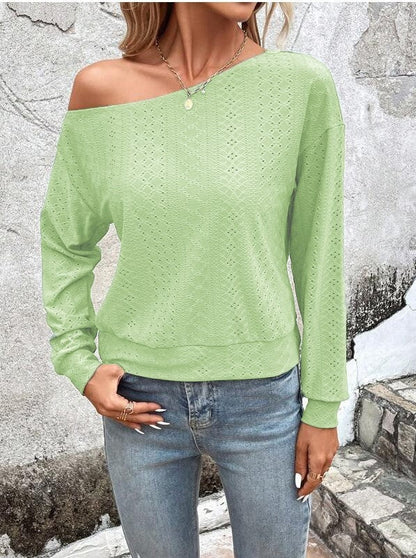 Women’s Sweater - Knit - Relaxed Fit - Asymmetric Neck - Eyelet Pattern