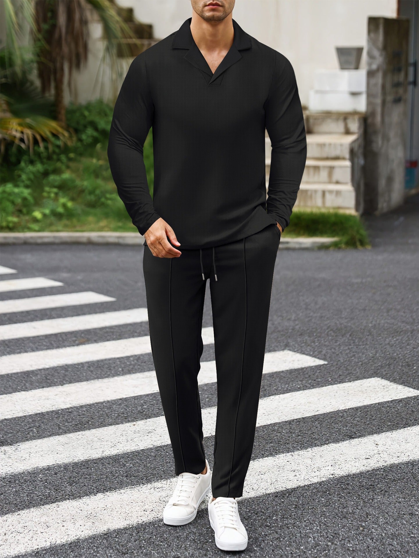 Men’s Waffle Knit Set – Slim Fit – Suit Collar Top – Drawstring Full-Length Pants