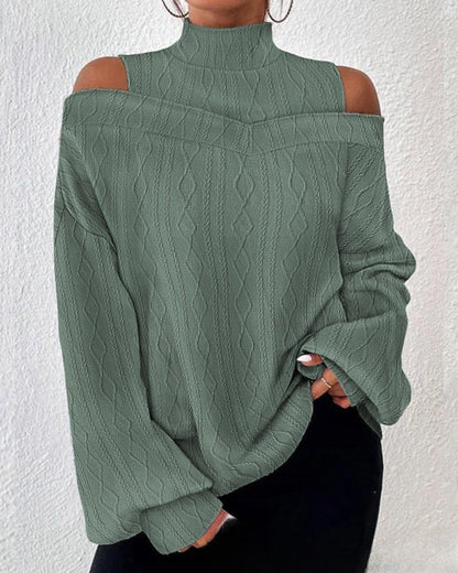 Women’s Sweater Top – Relaxed Fit – High Neck – Open Shoulder – Cable Knit – Long Sleeve