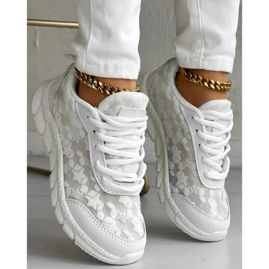 Women’s Ankle Low Low-Top Sneakers - Mesh - Lace-Up - Chunky Sole