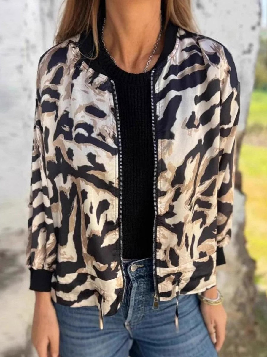 Women’s Jacket – Animal Print – Regular Fit – Zipper Front – Ribbed Cuffs – Hip Length