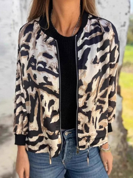 Women’s Jacket – Animal Print – Regular Fit – Zipper Front – Ribbed Cuffs – Hip Length