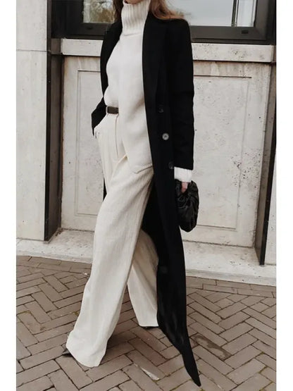 Women's Wool Coat - Tailored Fit - Notched Lapel - Double-Breasted - Full Length