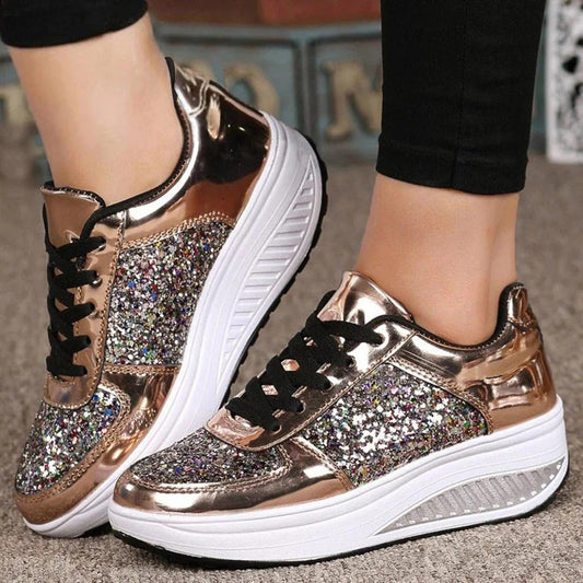 Women’s Sneakers – Platform Sole – Glitter and Gloss Finish – Low-Top Lace-Up Casual