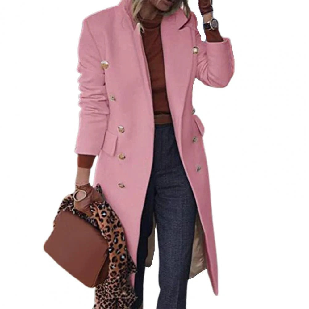 Women’s Double-Breasted Coat - Wool Blend - Tailored Fit - Decorative Buttons