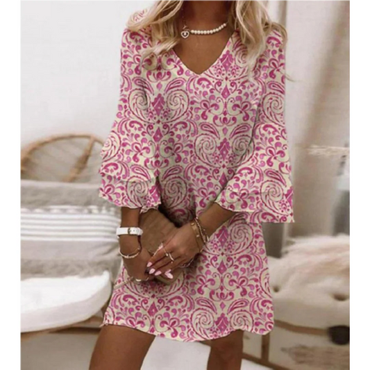 Women’s Mini Dress – Relaxed Fit – V-Neck – Three-Quarter Sleeve – Ornate Print – Breathable Blend