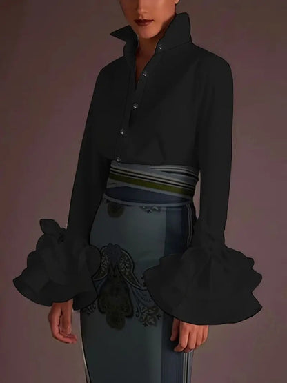 Women’s Blouse – Cotton Blend – Relaxed Fit – Ruffle Cuffs – Tie Sleeve – Button Down