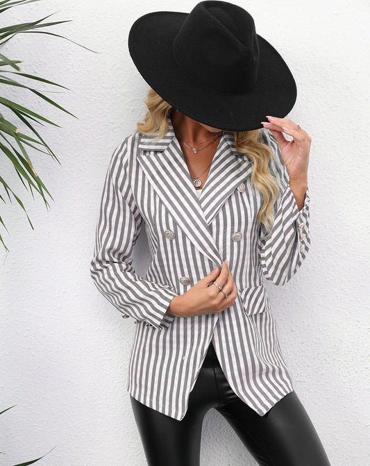 Women’s Suit Jacket – Tailored Fit – Double-Breasted – Vertical Striped – Woven Fabric