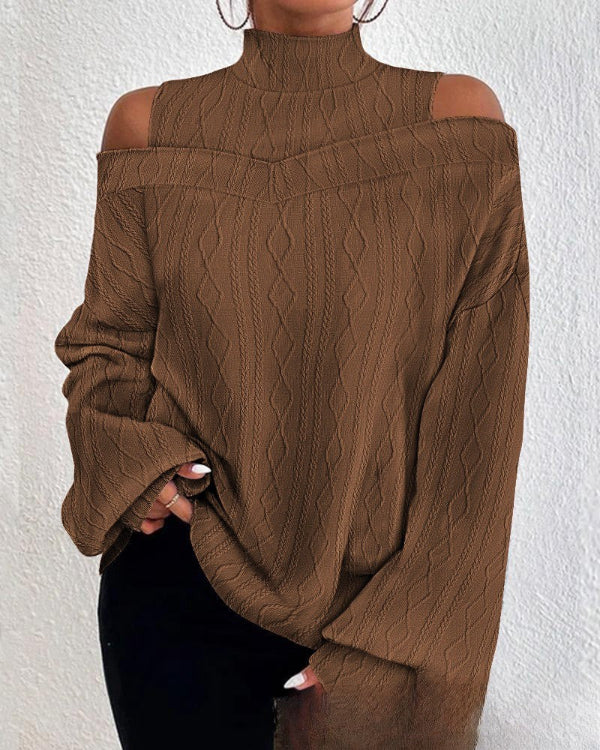 Women’s Sweater Top – Relaxed Fit – High Neck – Open Shoulder – Cable Knit – Long Sleeve