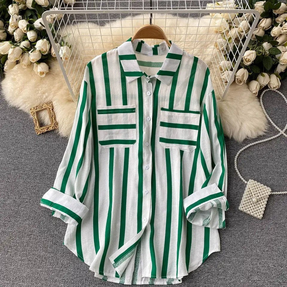 Women’s Shirt Jacket – Loose Fit – Cotton Blend – Button Down – Vertical Stripes