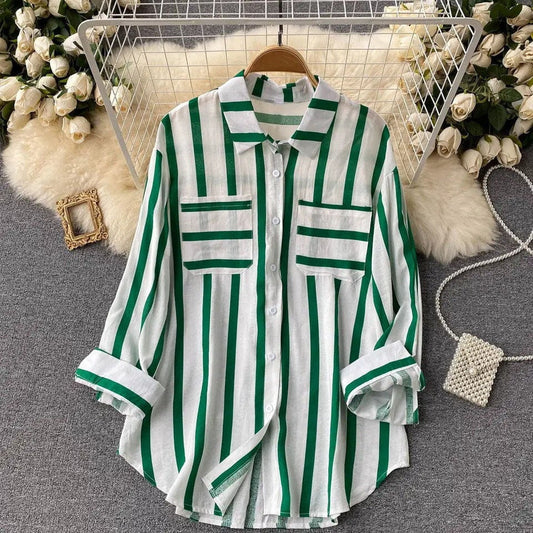 Women’s Shirt Jacket – Loose Fit – Cotton Blend – Button Down – Vertical Stripes