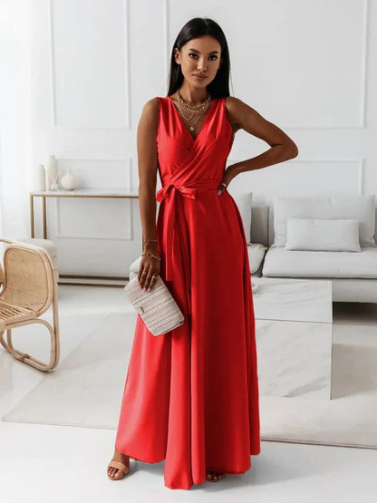 Women’s Maxi Dress – Luxury Fabric – V-Neck – Sleeveless – Tie Waist Elegant Fit