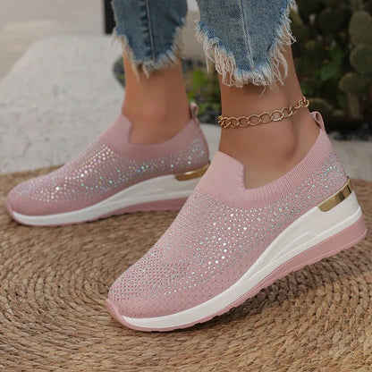 Women’s Slip-On Sneakers – Knit Upper – Glitter Detail – Cushioned Sole – Low Top