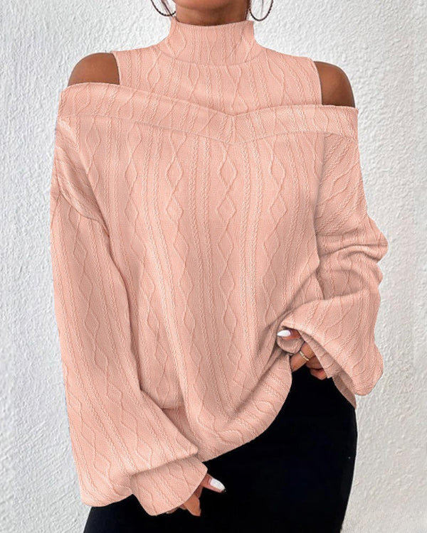 Women’s Sweater Top – Relaxed Fit – High Neck – Open Shoulder – Cable Knit – Long Sleeve
