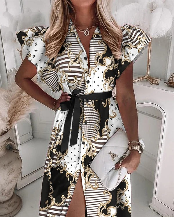 Women’s Shirt Dress – Silk – Chain Pattern – Belted Midi Fit – Voluminous Sleeves