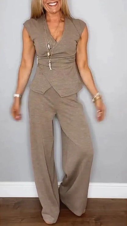 Women’s Wrap Top and Pants Set – Stretch Fabric – V-Neck – High Waist – Cap Sleeve