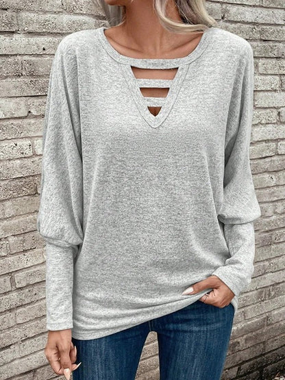 Women’s Long-Sleeve Top – Relaxed Fit – V-Neck with Cut-Out Detail
