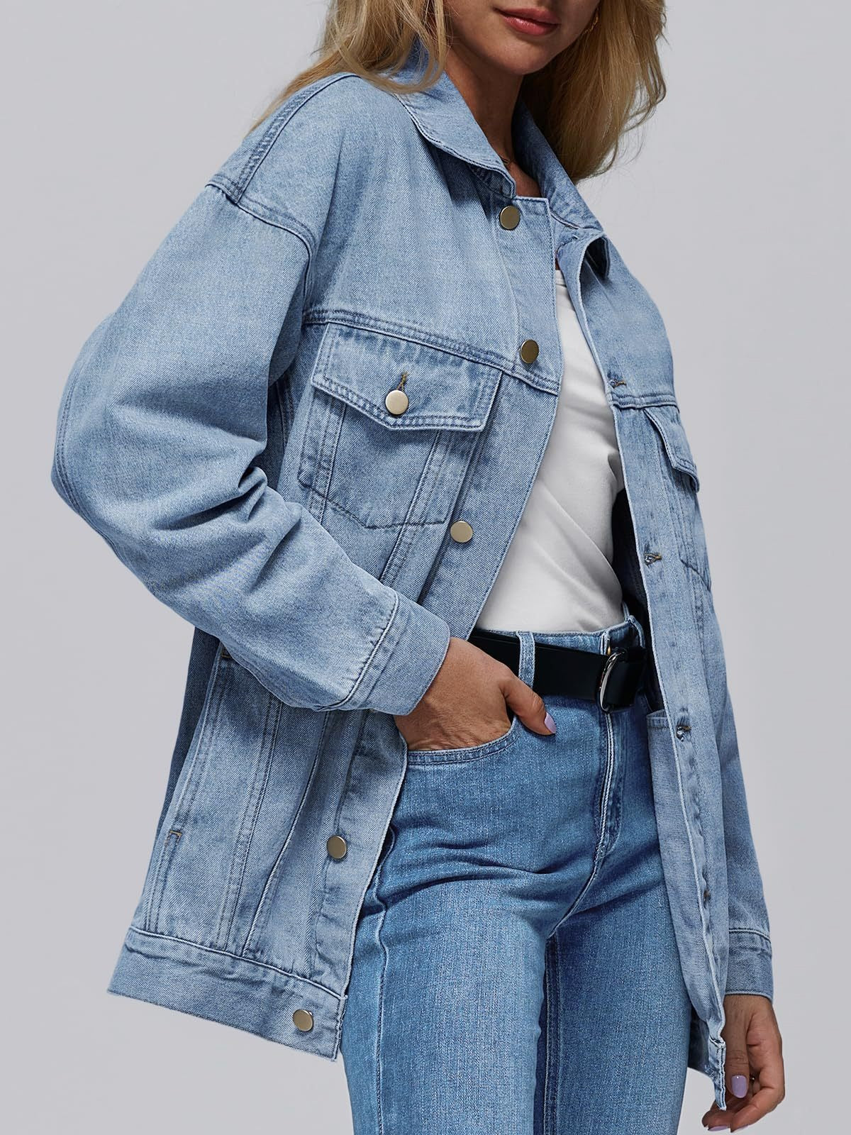 Women’s Denim Jacket – Oversized Fit – Button Front – Flap Pockets – Seam Detail