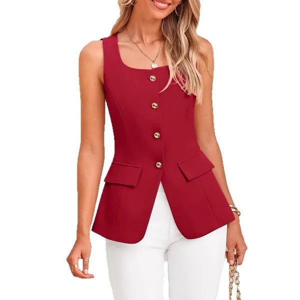 Women's Shirt Vest - Woven Blend - Tailored Silhouette - Square Neck - Gold-Tone Buttons