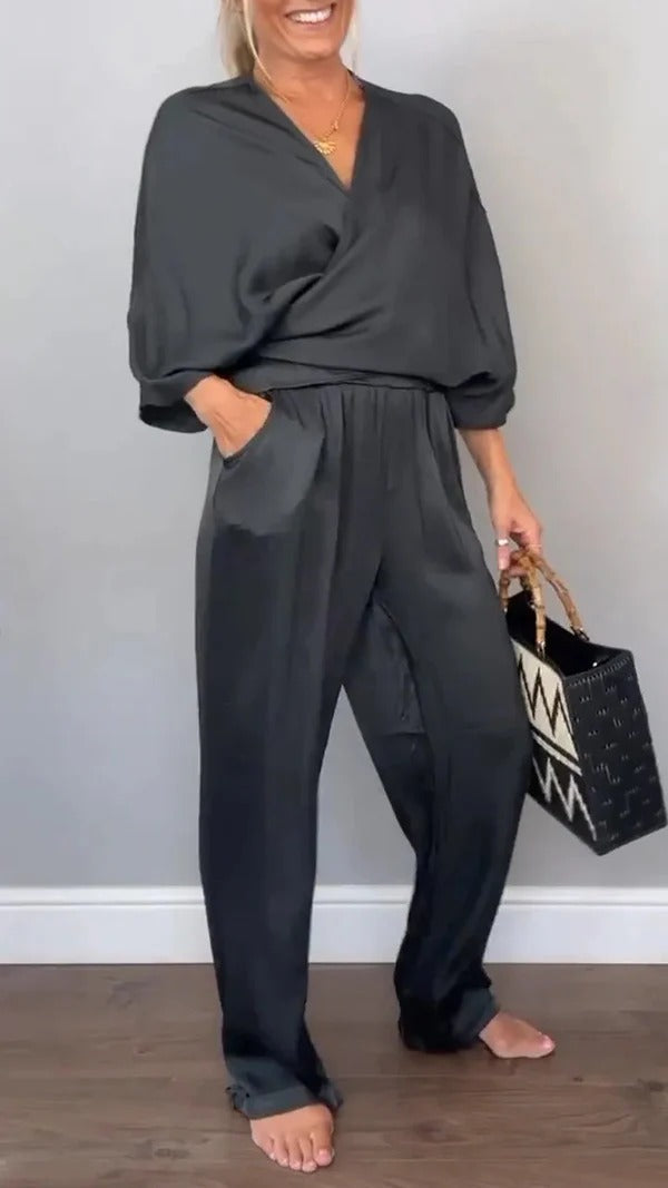 Women’s Wrap Set – V-Neck Top – Satin Feel – Wide-Leg Pants – Relaxed Fit