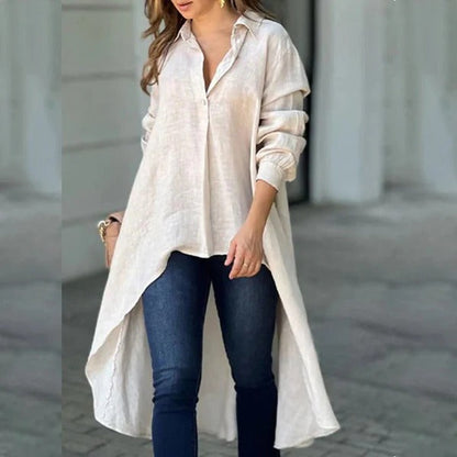 Women’s Blouse – Relaxed Fit – Cotton Blend – Long Sleeve – High-Low Hem – Collar Detail