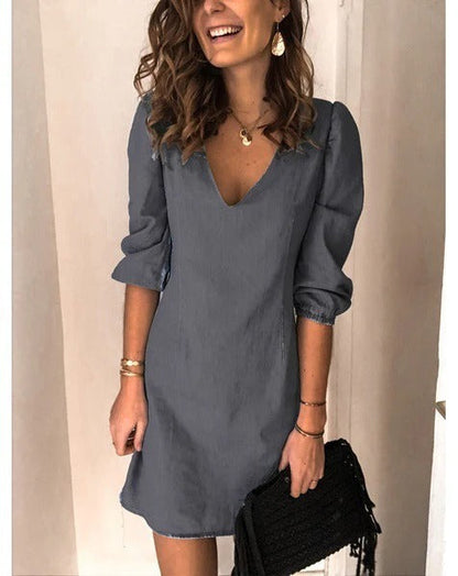 Women’s Denim Dress - Fitted Silhouette - Deep V-Neck - Puff Sleeve