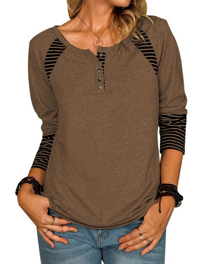 Women’s Long Sleeve Shirt – Relaxed Fit – Cotton Blend – Striped Raglan Sleeves