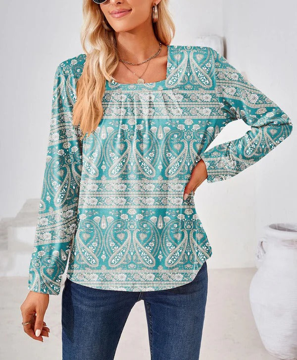 Women’s Blouse – Relaxed Fit – Long Sleeve – Square Neck – Cotton – Paisley Print