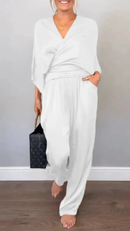 Women’s Wrap Set – V-Neck Top – Satin Feel – Wide-Leg Pants – Relaxed Fit