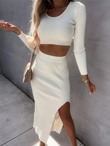Women’s Skirt Set – Ribbed Knit – Bodycon Fit – Cropped Top with Front Slit Skirt