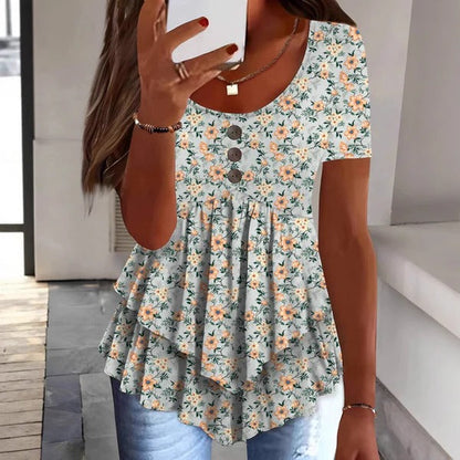 Women’s Blouse – Relaxed Fit – Cotton Blend – Ruffle Hem – Button Front – Floral Print