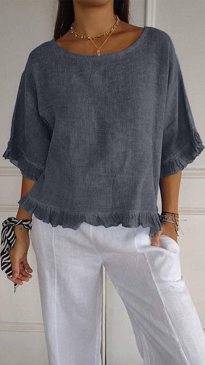 Women’s Blouse – Loose Fit – Cotton Blend – Short Dolman Sleeves – Ruffle Hem