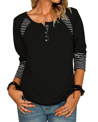 Women’s Long Sleeve Shirt – Relaxed Fit – Cotton Blend – Striped Raglan Sleeves
